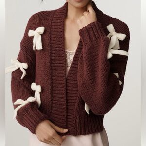 Anthropologie Maroon and Cream Bow Cardigan from Maeve, OS- NWT